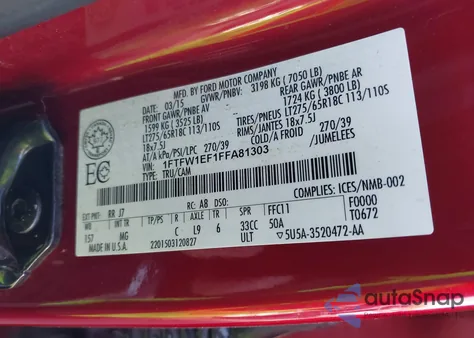 2015 Ford F-150 Xlt из США, поврежденный, VIN 1FTFW1EF1FFA81303